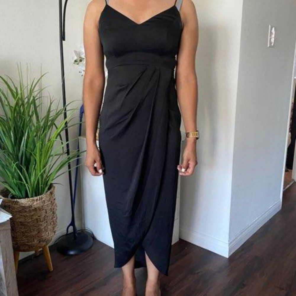 Used Express Holiday Black Spaghetti straps long wrap  dress, size S.
